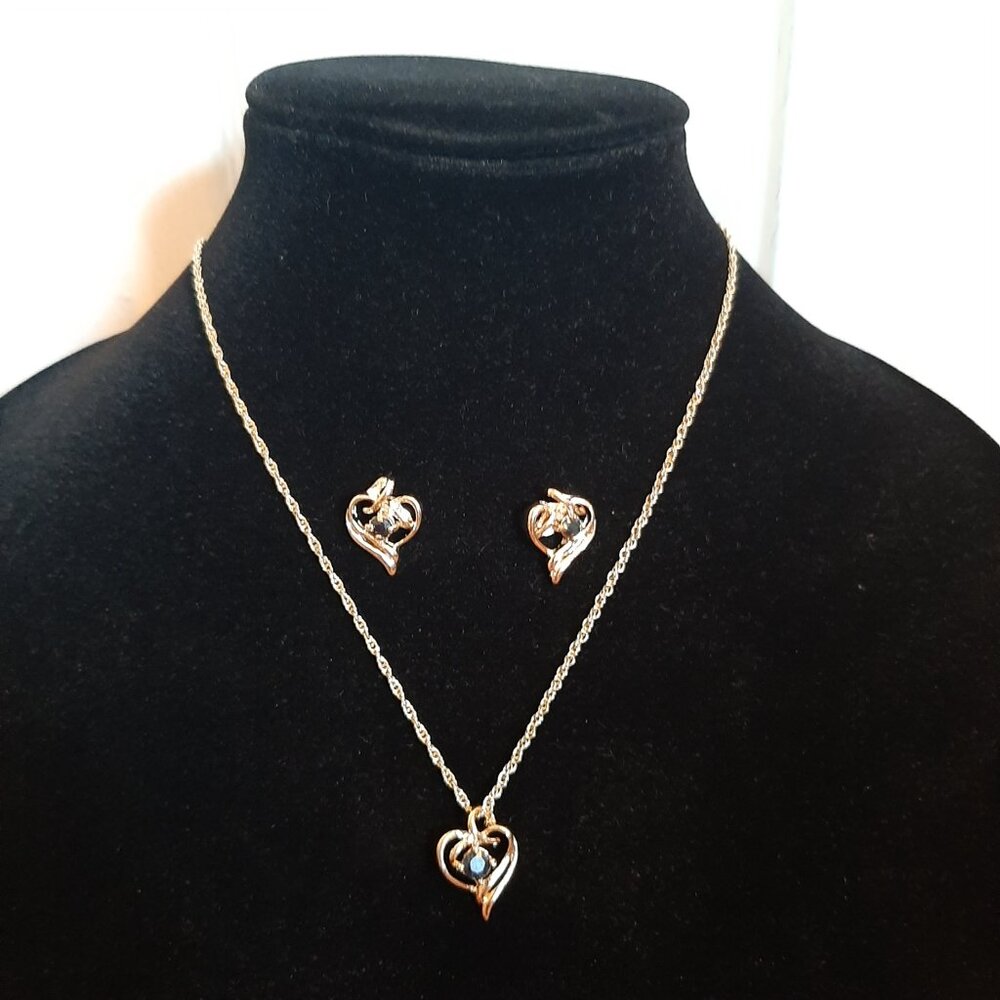 Gold Dainty Heart Earrings and Necklace with Minimalist Black Diamonds - Picture 2 of 6